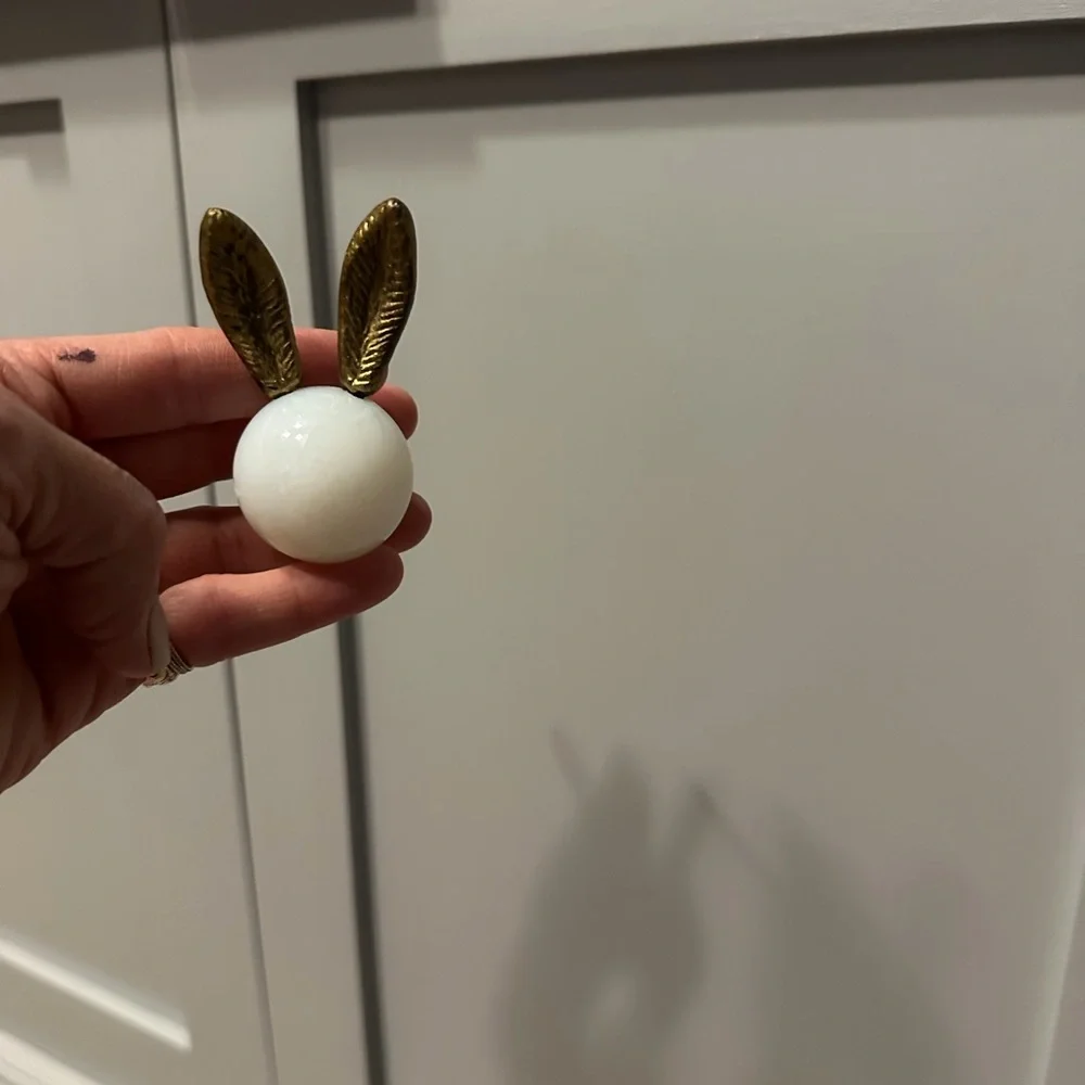 Anthropologie White Ceramic Knob with Gold Bunny Ears